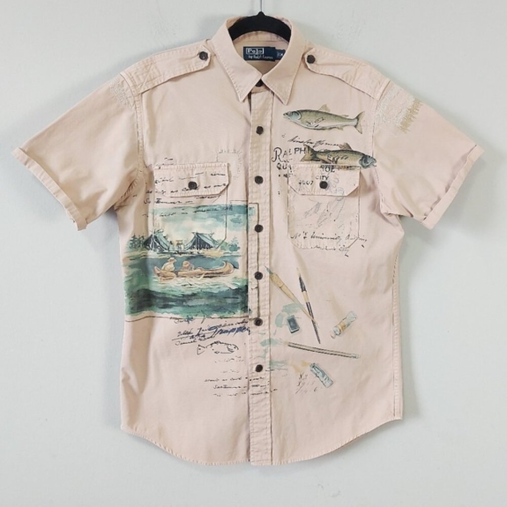 VTG Polo Ralph Lauren Sportman Fly Fishing Patchwork Shirt Medium Tan Button Up
